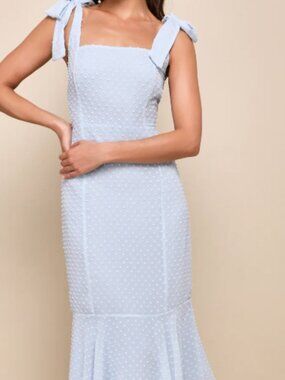 Light Blue Swiss Dot Tie-Strap Midi Dress